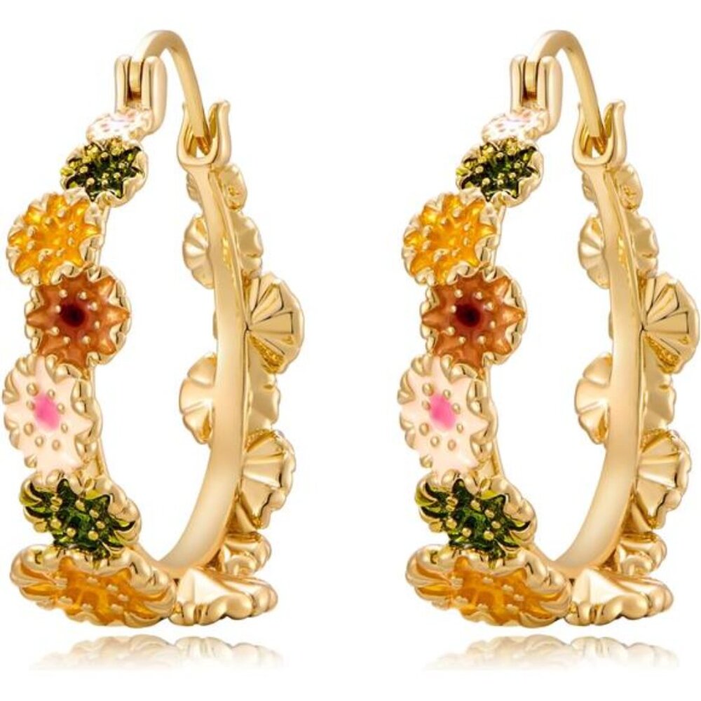 Gold Daisy Flower Hoop Earrings | 18K Plated Chunky Floral Statement Jewelry